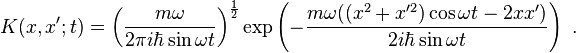 K(x,x';t)=\left(\frac{m\omega}{2\pi i\hbar \sin \omega t}\right)^{\frac{1}{2}}\exp\left(-\frac{m\omega((x^2+x'^2)\cos\omega t-2xx')}{2i\hbar \sin\omega t}\right) ~.