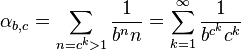 \alpha_{b,c} = \sum_{n=c^k>1} \frac{1}{b^nn} = \sum_{k=1}^\infty \frac{1}{b^{c^k}c^k}