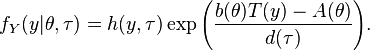  f_Y(y | \theta, \tau) = h(y,\tau) \exp{\left(\frac{b(\theta)T(y) - A(\theta)}{d(\tau)} \right)}. \,\!