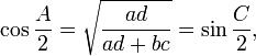 \cos{\frac{A}{2}}=\sqrt{\frac{ad}{ad+bc}}=\sin{\frac{C}{2}},