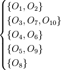 
\begin{cases} 
\{O_{1},O_{2}\} \\ 
\{O_{3},O_{7},O_{10}\} \\ 
\{O_{4},O_{6}\} \\
\{O_{5},O_{9}\} \\
\{O_{8}\}\end{cases}
