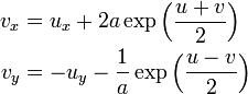 \begin{align}
v_x & = u_x + 2a \exp \Bigl( \frac{u+v}{2} \Bigr) \\
v_y & = -u_y - \frac{1}{a} \exp \Bigl( \frac{u-v}{2} \Bigr)
\end{align} \,\!