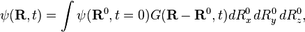 \psi(\bold R, t) = \int \psi(\bold R^0,t=0) G(\bold R - \bold R^0,t) dR_x^0\,dR_y^0\,dR_z^0,