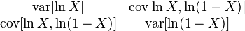 \begin{matrix}\\ \operatorname{var}[\ln X] &\operatorname{cov}[\ln X, \ln(1-X)] \\ \operatorname{cov}[\ln X, \ln(1-X)] & \operatorname{var}[\ln (1-X)]\end{matrix}