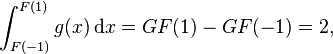 \int_{F(-1)}^{F(1)}g(x)\,\mathrm{d}x=GF(1)-GF(-1)=2,