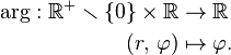 \begin{align}
\arg: \mathbb{R}^+ \smallsetminus \{0\} \times \mathbb{R} &\to \mathbb{R} \\
(r,\, \varphi) &\mapsto \varphi.
\end{align}