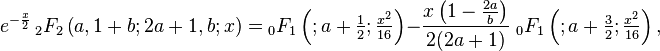 e^{-\frac x 2} \, {}_2F_2 \left(a, 1+b; 2a+1, b; x\right)= {}_0F_1 \left(;a+\tfrac{1}{2}; \tfrac {x^2} {16}\right) - \frac{x\left(1-\tfrac{2a} b\right)}{2(2a+1)}\; {}_0F_1 \left(;a+\tfrac 3 2; \tfrac {x^2} {16}\right),