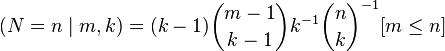 
  (N=n\mid m,k) = (k - 1)\binom{m - 1}{k - 1}k^{-1}\binom n k^{-1}[m \le n ]
