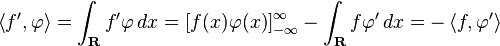 \left\langle f', \varphi\right\rangle = \int_{\mathbf{R}}{}{f'\varphi \,dx} = \left[ f(x) \varphi(x) \right]_{-\infty}^\infty - \int_{\mathbf{R}}{}{f\varphi' \,dx} = -\left\langle f, \varphi' \right\rangle