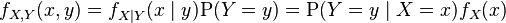 
\begin{align}
f_{X,Y}(x,y) = f_{X \mid Y}(x \mid y)\mathrm{P}(Y=y)= \mathrm{P}(Y=y \mid X=x) f_X(x)
\end{align}
