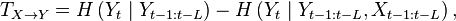 
T_{X\rightarrow Y} = H\left( Y_t \mid Y_{t-1:t-L}\right) - H\left( Y_t \mid Y_{t-1:t-L}, X_{t-1:t-L}\right),
