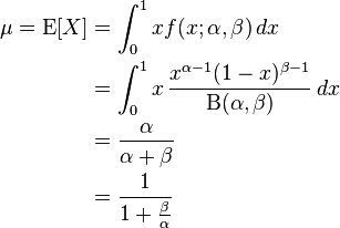  \begin{align}
\mu = \operatorname{E}[X]
     &= \int_0^1 x f(x;\alpha,\beta)\,dx \\
     &= \int_0^1 x \,\frac{x^{\alpha-1}(1-x)^{\beta-1}}{\Beta(\alpha,\beta)}\,dx \\
     &= \frac{\alpha}{\alpha + \beta} \\
     &= \frac{1}{1 + \frac{\beta}{\alpha}}
\end{align}