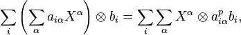 \sum_i \left(\sum_\alpha a_{i\alpha} X^\alpha\right) \otimes b_i = \sum_i \sum_\alpha X^\alpha \otimes a_{i\alpha}^p b_i,