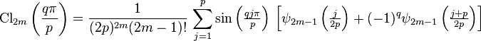 \text{Cl}_{2m}\left( \frac{q\pi}{p}\right)= \frac{1}{(2p)^{2m}(2m-1)!} \, \sum_{j=1}^{p} \sin\left(\tfrac{qj\pi}{p}\right)\, \left[\psi_{2m-1}\left(\tfrac{j}{2p}\right)+(-1)^q\psi_{2m-1}\left(\tfrac{j+p}{2p}\right)\right]  