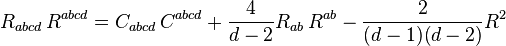 R_{abcd} \, R^{abcd} = C_{abcd} \, C^{abcd} +\frac{4}{d-2} R_{ab}\, R^{ab} - \frac{2}{(d-1)(d-2)}R^2