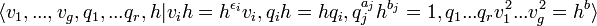 \langle v_1,...,v_g,q_1,...q_r,h| v_ih=h^{\epsilon_i}v_i,q_ih=hq_i, q_j^{a_j}h^{b_j}=1, q_1...q_rv_1^2...v_g^2=h^b\rangle