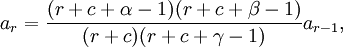 a_r = \frac{(r + c + \alpha - 1)(r + c + \beta - 1)}{(r + c)(r + c + \gamma - 1)} a_{r - 1},