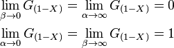  \begin{align}
\lim_{\beta \to  0} G_{(1-X)} = \lim_{\alpha \to  \infty} G_{(1-X)} = 0\\
\lim_{\alpha\to  0} G_{(1-X)} = \lim_{\beta \to  \infty} G_{(1-X)} = 1
\end{align}