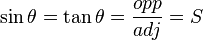 
\sin\theta = \tan\theta = \frac{opp}{adj} = S
