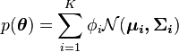 
p(\boldsymbol{\theta}) = \sum_{i=1}^K\phi_i \mathcal{N}(\boldsymbol{\mu_i,\Sigma_i})
