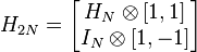  H_{2N} = \begin{bmatrix} H_{N} \otimes [1, 1] \\ I_{N} \otimes [1, -1] \end{bmatrix}