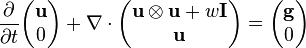 
\frac {\partial}{\partial t}\begin{pmatrix} \bold u \\ 0 \end{pmatrix} + \nabla \cdot \begin{pmatrix}\bold u \otimes \bold u + w \bold I \\ \bold u \end{pmatrix} = \begin{pmatrix}\bold g \\ 0\end{pmatrix}
