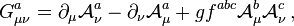 G^a_{\mu \nu} = \partial_\mu \mathcal{A}^a_\nu - \partial_\nu \mathcal{A}^a_\mu + g f^{abc} \mathcal{A}^b_\mu \mathcal{A}^c_\nu \,,