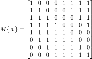 M\{\,a\,\}=
\begin{bmatrix}
1&0&0&0&1&1&1&1 \\
1&1&0&0&0&1&1&1 \\
1&1&1&0&0&0&1&1 \\
1&1&1&1&0&0&0&1 \\
1&1&1&1&1&0&0&0 \\
0&1&1&1&1&1&0&0 \\
0&0&1&1&1&1&1&0 \\
0&0&0&1&1&1&1&1
\end{bmatrix}
