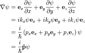  \begin{align} \nabla \psi &= \bold{e}_x\frac{\partial \psi}{\partial x} + \bold{e}_y\frac{\partial \psi}{\partial y} + \bold{e}_z\frac{\partial \psi}{\partial z} \\ 
& = i k_x\psi\bold{e}_x + i k_y\psi\bold{e}_y+ i k_z\psi\bold{e}_z \\
& = \frac{i}{\hbar} \left ( p_x\bold{e}_x + p_y\bold{e}_y+ p_z\bold{e}_z \right)\psi \\
& = \frac{i}{\hbar} \bold{\hat{p}}\psi
\end{align}