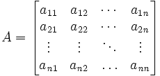 A = \begin{bmatrix} a_{11} & a_{12} & \cdots & a_{1\mathit{n}} \\ a_{21} & a_{22} & \cdots & a_{2\mathit{n}} \\ \vdots & \vdots & \ddots & \vdots \\ a_{\mathit{n}1} & a_{\mathit{n}2} & \ldots & a_{\mathit{nn}} \end{bmatrix}