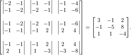 
\begin{bmatrix}
\begin{vmatrix} -2 & -1 \\ -1 & -2 \end{vmatrix} &
\begin{vmatrix} -1 & -1 \\ -2 & -1 \end{vmatrix} &
\begin{vmatrix} -1 & -4 \\ -1 & -6 \end{vmatrix} \\ \\
\begin{vmatrix} -1 & -2 \\ -1 & -1 \end{vmatrix} &
\begin{vmatrix} -2 & -1 \\ -1 & 2 \end{vmatrix} &
\begin{vmatrix} -1 & -6 \\ 2 & 4 \end{vmatrix} \\ \\
\begin{vmatrix} -1 & -1 \\ 2 & 1 \end{vmatrix} &
\begin{vmatrix} -1 & 2 \\ 1 & -3 \end{vmatrix} &
\begin{vmatrix} 2 & 4 \\ -3 & -8 \end{vmatrix}
\end{bmatrix}
=
\begin{bmatrix}
3 & -1 & 2 \\
-1 & -5 & 8 \\
1 & 1 & -4
\end{bmatrix}.
