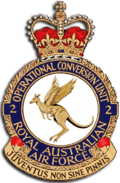 Crest of 2 Operational Conversion Unit, Royal Australian Air Force, featuring a winged kangaroo and the motto "Juventus Non Sine Pinnis"