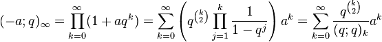 (-a;q)_\infty = \prod_{k=0}^\infty (1+aq^k)
                     = \sum_{k=0}^\infty \left(q^{k\choose 2} \prod_{j=1}^k \frac{1}{1-q^j}\right) a^k
                     = \sum_{k=0}^\infty \frac{q^{k\choose 2}}{(q;q)_k} a^k