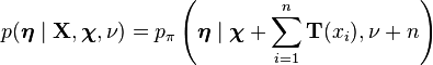 p(\boldsymbol\eta\mid\mathbf{X},\boldsymbol\chi,\nu) = p_\pi\left(\boldsymbol\eta\mid\boldsymbol\chi + \sum_{i=1}^n \mathbf{T}(x_i), \nu + n \right)