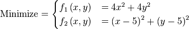 \text{Minimize} =
\begin{cases}
      f_{1}\left(x,y\right) & = 4x^{2} + 4y^{2} \\
      f_{2}\left(x,y\right) & = \left(x - 5\right)^{2} + \left(y - 5\right)^{2} \\
\end{cases}
