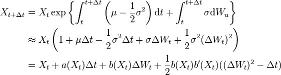 
\begin{align}
X_{t+\Delta t}&=X_t\exp\left\{\int_t^{t+\Delta t}\left(\mu-\frac{1}{2}\sigma^2\right)\mathrm{d}t+\int_t^{t+\Delta t}\sigma\mathrm{d}W_u\right\} \\
&\approx X_t\left(1+\mu\Delta t-\frac{1}{2}\sigma^2\Delta t+\sigma\Delta W_t+\frac{1}{2}\sigma^2(\Delta W_t)^2\right) \\
&= X_t + a(X_t)\Delta t+b(X_t)\Delta W_t+\frac{1}{2}b(X_t)b'(X_t)((\Delta W_t)^2-\Delta t)
\end{align}
