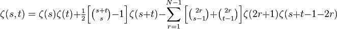 \zeta(s,t)=\zeta(s)\zeta(t)+\tfrac{1}{2}\Big[\tbinom{s+t}{s}-1\Big]\zeta(s+t)-\sum_{r=1}^{N-1}\Big[\tbinom{2r}{s-1}+\tbinom{2r}{t-1}\Big]\zeta(2r+1)\zeta(s+t-1-2r)
