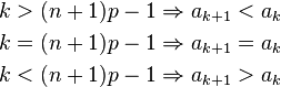 \begin{align}
k > (n+1)p-1 \Rightarrow a_{k+1} < a_k \\
k = (n+1)p-1 \Rightarrow a_{k+1} = a_k \\
k < (n+1)p-1 \Rightarrow a_{k+1} > a_k
\end{align}