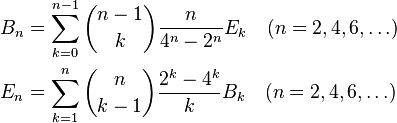 \begin{align}
  B_{n} &= \sum_{k=0}^{n-1}\binom{n-1}{k} \frac{n}{4^n-2^n}E_k \quad (n=2, 4, 6, \ldots) \\
  E_{n} &= \sum_{k=1}^n \binom{n}{k-1} \frac{2^k-4^k}{k} B_k \quad (n=2,4,6,\ldots)
\end{align}