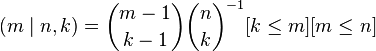 
  (m\mid n,k) =
    \binom{m - 1}{k - 1}\binom{n}{k}^{-1}[k\le m][m\le n]
