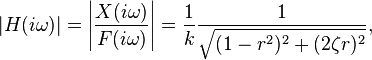 |H(i\omega)|=\left |{X(i\omega) \over F(i\omega)} \right|= {1 \over k} {1 \over \sqrt{(1-r^2)^2 + (2 \zeta r)^2}},