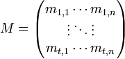 M =
\begin{pmatrix} m_{1,1}        \cdots    m_{1,n} \\  \vdots      \ddots    \vdots  \\ m_{t,1}       \cdots    m_{t,n} \end{pmatrix}