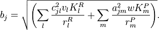 b_j = \sqrt{\left( \sum_l \frac{c^2_{jl}v_lK_l^R}{r^R_l} + \sum_m \frac{a^2_{jm}wK^P_m}{r^P_m} \right)}.