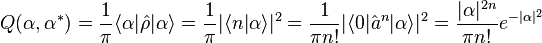 Q(\alpha,\alpha^*)=\frac{1}{\pi}\langle \alpha|\hat{\rho}|\alpha\rangle =\frac{1}{\pi}|\langle n|\alpha\rangle|^2 =\frac{1}{\pi n!}|\langle 0|\hat{a}^n|\alpha\rangle|^2 = \frac{|\alpha|^{2n}}{\pi n!}e^{-|\alpha|^2}