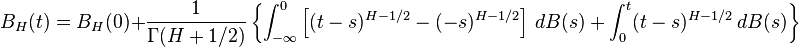 B_H (t) = B_H (0) + \frac{1}{\Gamma(H+1/2)}\left\{\int_{-\infty}^0\left[(t-s)^{H-1/2}-(-s)^{H-1/2}\right]\,dB(s) + \int_0^t (t-s)^{H-1/2}\,dB(s)\right\}