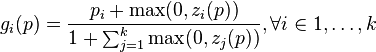 g_i(p) = \frac{p_i + \max(0, z_i(p))}{1 + \sum_{j=1}^k \max(0,z_j(p))}, \forall i\in 1,\dots,k