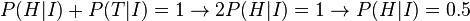 P(H|I)+P(T|I)=1 \rightarrow 2 P(H|I)=1 \rightarrow P(H|I)=0.5 