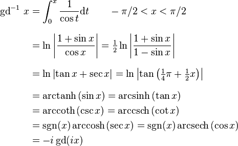 
\begin{align}
\operatorname{gd}^{-1}\,x 
& = \int_0^x\frac{1}{\cos t}\mathrm{d}t \qquad -\pi/2<x<\pi/2\\[8pt]
& = \ln\left| \frac{1 + \sin x}{\cos x} \right| = \tfrac12\ln \left| \frac{1 + \sin x}{1 - \sin x} \right| \\[8pt]
& = \ln\left| \tan x +\sec x \right| = \ln \left| \tan\left(\tfrac14\pi + \tfrac12x\right) \right| \\[8pt]
& = \mathrm{arctanh}\,(\sin x) = \mathrm{arcsinh}\,(\tan x)\\
& = \mathrm{arccoth}\,(\csc x) = \mathrm{arccsch}\,(\cot x)\\
& = \mbox{sgn}(x)\,\mathrm{arccosh}\,(\sec x) = \mbox{sgn}(x)\,\mathrm{arcsech}\,(\cos x)\\
& = -i \operatorname{gd}(ix)
\end{align}
