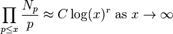 \prod_{p\leq x} \frac{N_p}{p} \approx C\log (x)^r \mbox{ as } x \rightarrow \infty 