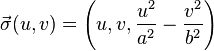 \vec \sigma (u,v) = \left(u, v, \frac{u^2}{a^2} - \frac{v^2}{b^2}\right) 